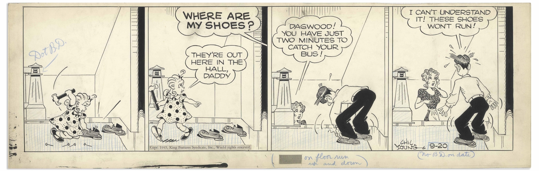 Chic Young Hand-Drawn ''Blondie'' Comic Strip From 1945 Titled ''Run, Shoes, Run!'' -- Dagwood Can't Leave the House Without His Shoes